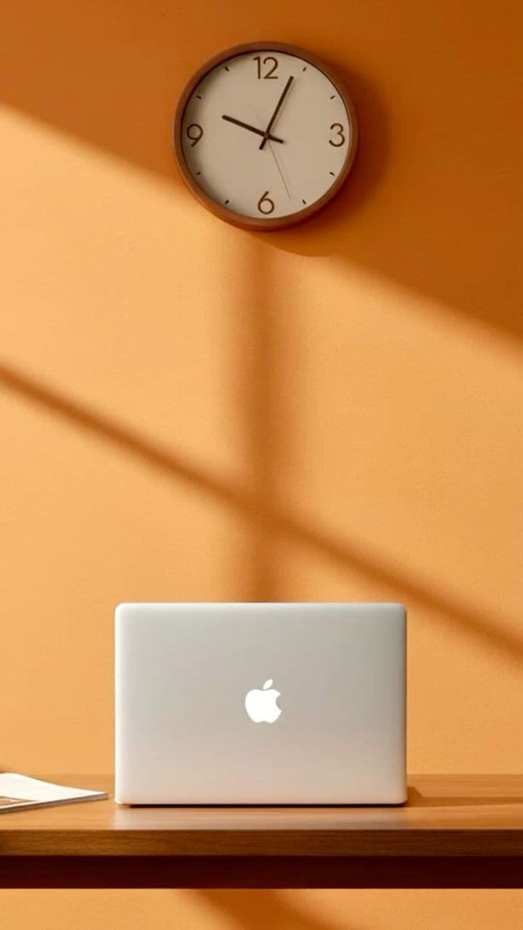A laptop below a wall clock in warm afternoon light